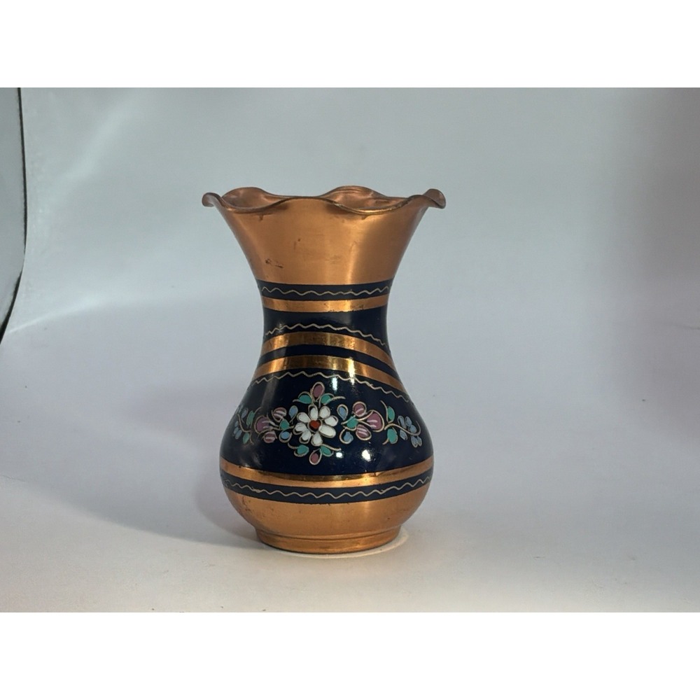 Vintage Copper Vase Hand Painted Floral 4" X 2.5"